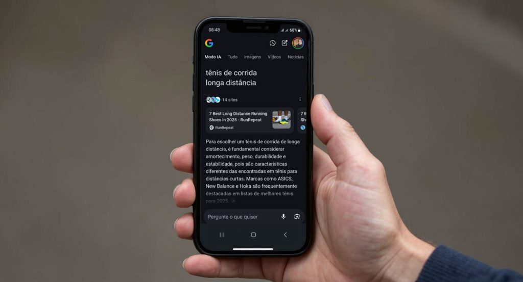 Exemplo de resultado de pesquisa com Google AI Mode Exemplo de resultado de pesquisa com Google AI Mode